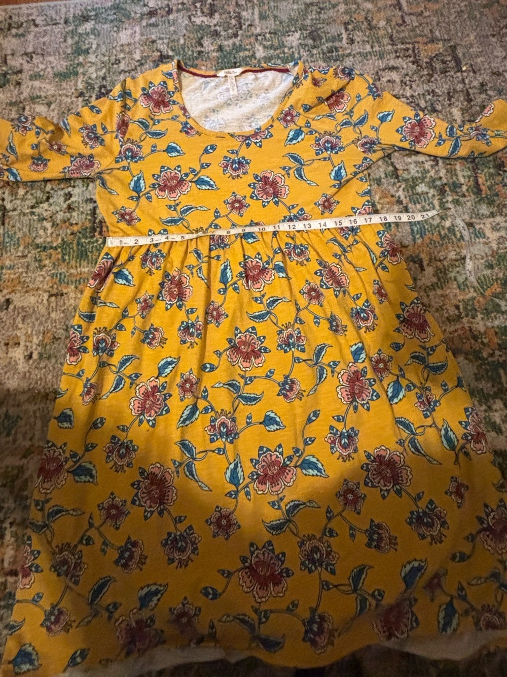 Matilda Jane Mustard Yellow Floral Dress with Blue and Pink Accents